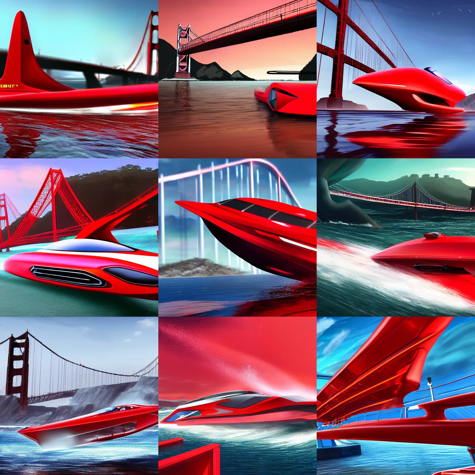 Prompt: concpet art featuring a futuristic red racing speedboat designed in the style of ferrari at golden gate park. bridge in background. fine detail. surf. this 4 k hd image is trending on artstation, featured on behance, well - rendered, extra crisp, features intricate detail, epic composition and the style of unreal engine.