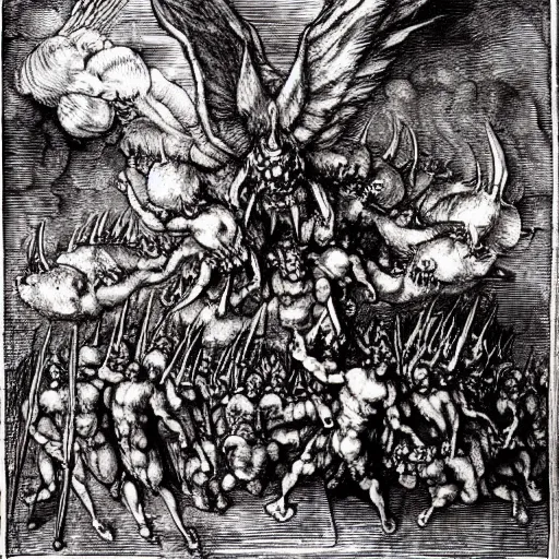 Image similar to vision of hell with winged demons flying over the flames, art by albrecht durer