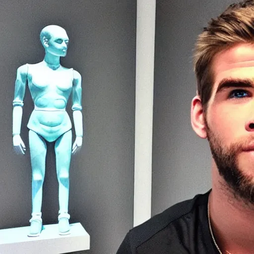 Image similar to “ a realistic detailed photo of a guy who is an attractive humanoid who is half robot and half humanoid, who is a male android, actor liam hemsworth, shiny skin, posing like a statue, blank stare, at the museum, on display ”