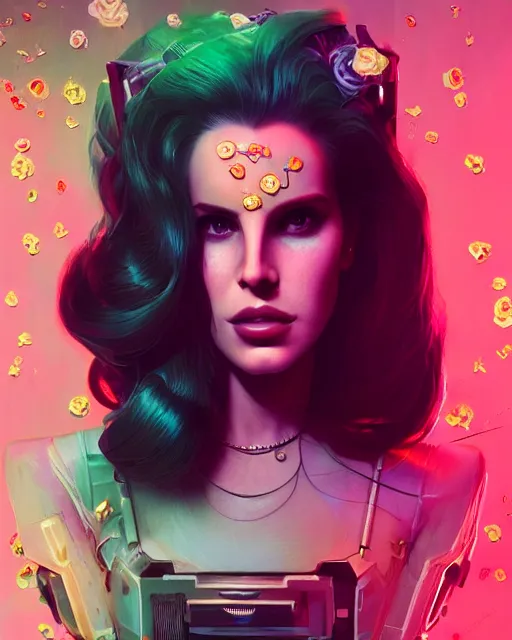 Image similar to portrait of lana del rey as a cyberpunk cyborg. sci - fi intricate abstract upper body intricate artwork, roses, rose petals by tooth wu, wlop, beeple, dan mumford. concept art, octane render, trending on artstation, greg rutkowski, asymmetrical, cinematic arthouse, key art, hyper realism, iridescent accents