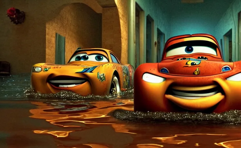 Image similar to mater from cars in a flooded fractal hallway, romance novel cover, in 1 9 9 5, y 2 k cybercore cutecore, low - light photography, still from a pixar movie