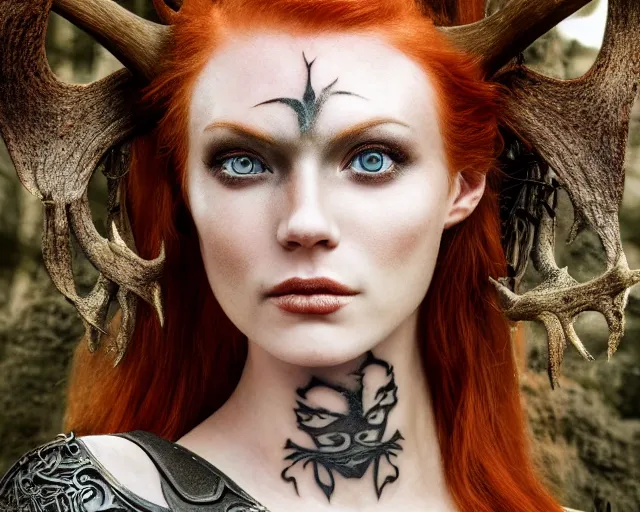 Image similar to 5 5 mm portrait photo of an armored gorgeous anesthetic redhead woman warrior with a face tattoo and antlers growing from her head, in a magical forest in the style of stefan kostic, art by luis royo. highly detailed 8 k. intricate. lifelike. soft light. nikon d 8 5 0. cinematic post - processing