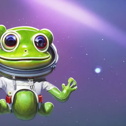 Image similar to soulful long shot of a cute baby frog astronaut, by esao andrews, by m. w. kaluta, ultra humorous illustration, small depth of field, perspective perception, volumetric light, psychedelic colors, 3 d octane render, 8 k, conceptart, hyperdetailed, hyperrealistic, trending on artstation