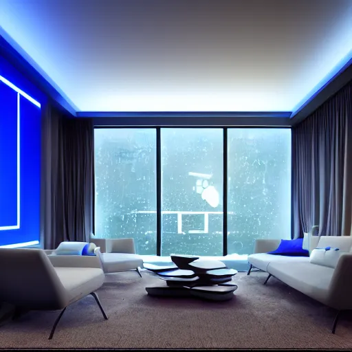 Prompt: futuristic looking living room, dark with blue neon lights, contrasted, octane render