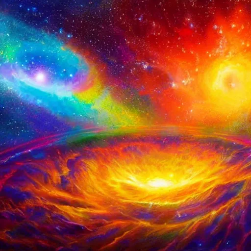 Image similar to highly detailed 8k oil painting of the celestial glowing God of random numbers and infinity quasar, misty, epic composition, neon colors, trending