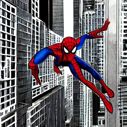 Prompt: a sketch of spider - man, spider - man flying between high - rise buildings, the picture is mysterious and deep.