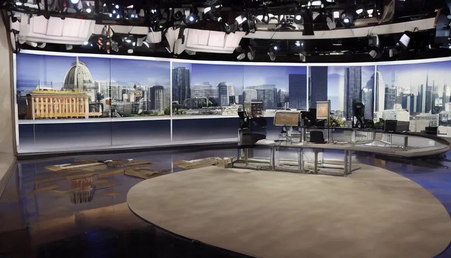 Image similar to A backdrop for the set of a news show depicting buildings from Washington jumbled together