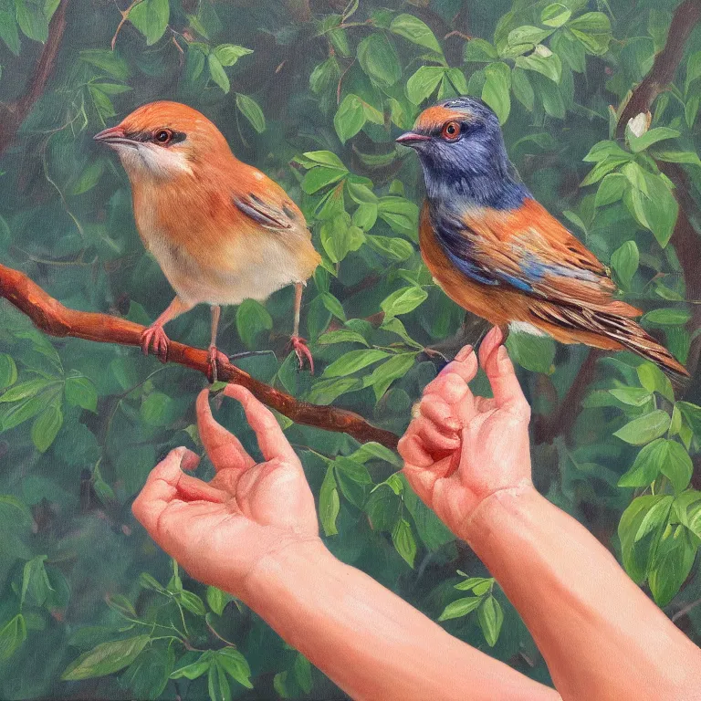 Image similar to a beautiful painting of a bird in hand is worth two in the bush, highly detailed, 8 k resolution