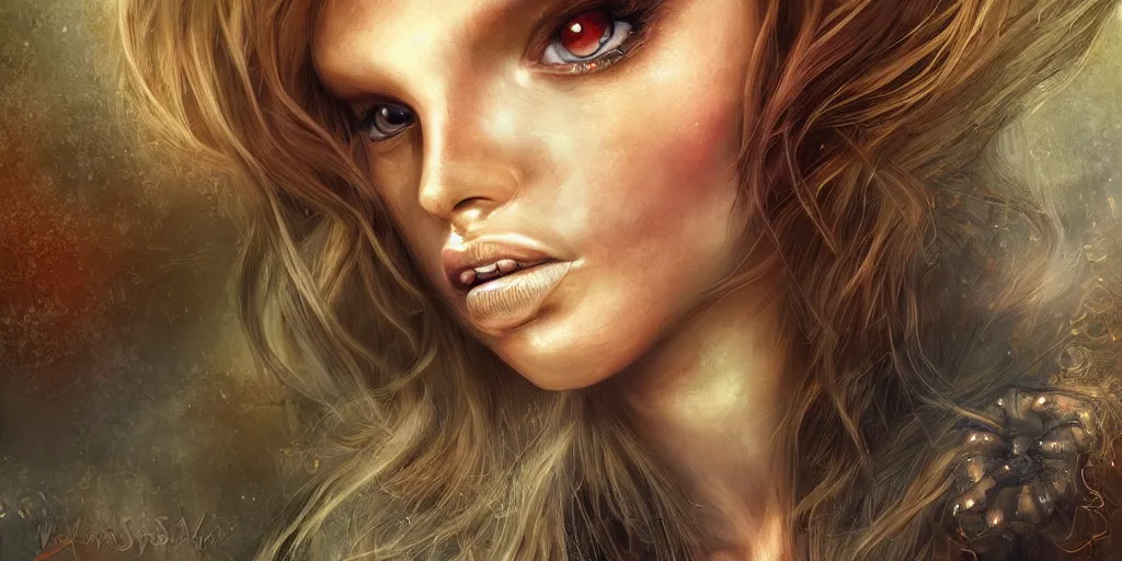 Prompt: a realistic digital art ultra detailed from a portrait of beautiful demon girl with long golden hair by Waya Steurbaut