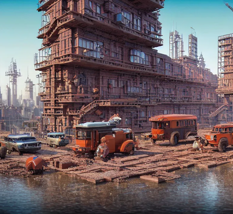 Image similar to hyperrealism photography hyperrealism concept art of highly detailed beavers builders that building highly detailed futuristic city with bricks by wes anderson and hasui kawase and scott listfield sci - fi style hyperrealism rendered in blender and octane render