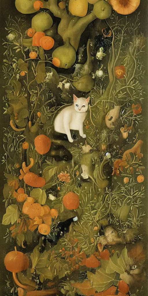 Prompt: portrait of a cat dissolving in a field of foliage, botanicals, fruit and feathers, highly detailed, fantasy art, in the style of hieronymous bosch, cartoonish, whimsical