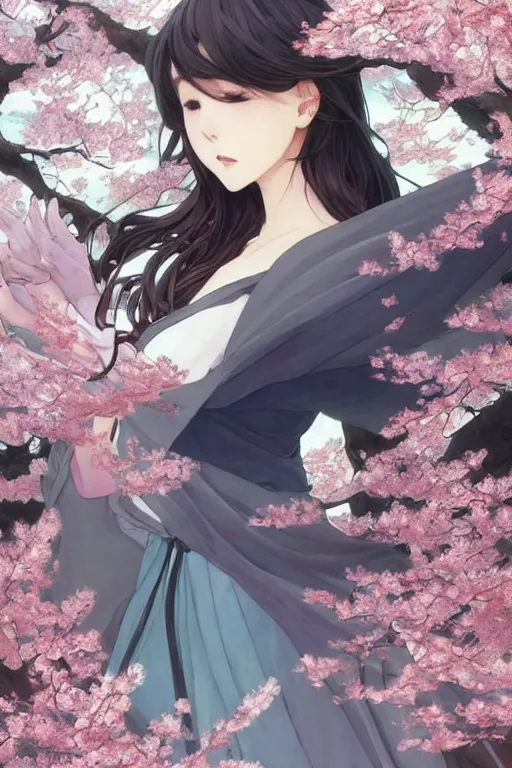 Image similar to beautiful cottagecore anime BTS k-pop band, phone wallpaper. intricate, elegant. the background is cherry blossoms !. highly detailed, digital painting, artstation, concept art, smooth, sharp, focus, illustration. . art by artgerm and greg rutkowski and alphonse mucha, in the style of japanese manga