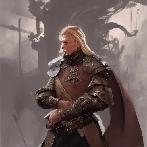 Image similar to portrait of a muscular, grim, ponytail haired blonde man in his late 30's with only one arm armored, wearing a thick brown leather coat, looking to his side, hunter, DnD character, fantasy character, digital art by Ruan Jia, Krenz Cushart, Rossdraws