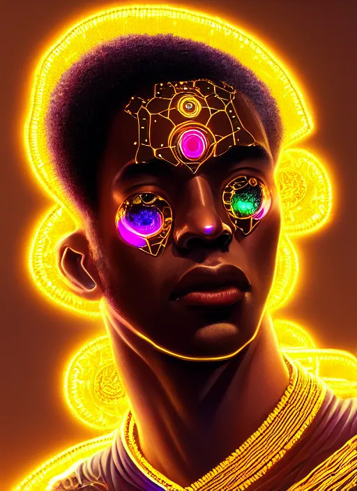 Image similar to portrait of young black man with glowing jewels, afro - futurist style, intricate, elegant, glowing holographic screen, highly detailed, digital painting, artstation, concept art, smooth, sharp focus, illustration, art by wlop, mars ravelo and greg rutkowski