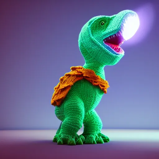 Image similar to super cute dinosaur made out of sweaters and yarn octane rendering vivid cinematic lighting 4 k