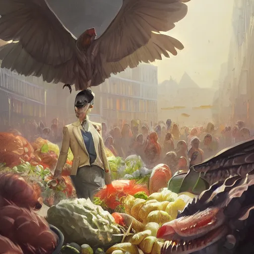 Prompt: digital painting of a super market grocery shopping elegant but deadly chicogriff, griffin chicogriff hybrid monster, by Greg Rutkowski, magic the gathering concept art, trending on artstation, 4k resolution, ((in a super market Costco))