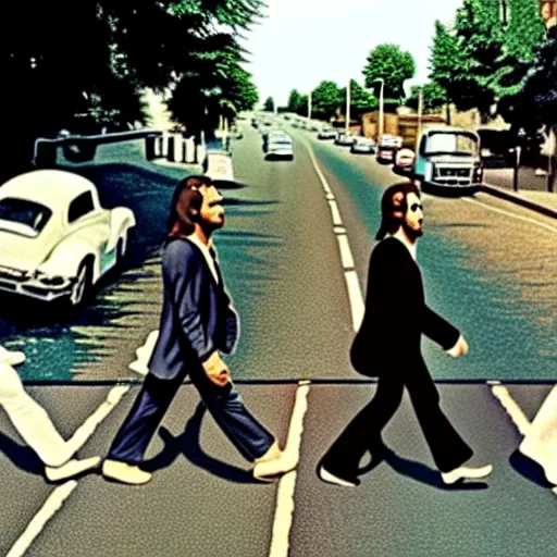 Image similar to full-color photo taken in 1969 of: On Abbey Road in London, an elderly male Frankenstein monster is doing a groovy dance as he slowly walks toward the camera. The top of his head is flat. He is wearing a kitschy stylish 1960s outfit. One of his eyeballs is joo-joo. He is a holy roller. He has long hair that has grown down to his knees. He is probably a joker because he does whatever pleases him. Professional promotional photograph released by Apple Records.