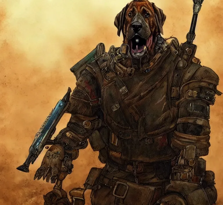 Image similar to a good ol'bloodhound pup fursona ( from the furry fandom ), heavily armed and armored facing down armageddon in a dark and gritty version from the makers of mad max : fury road. witness me.