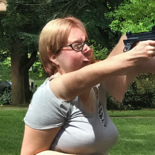 Prompt: a well endowed suburban mom shooting a handgun at giant squirrels in her front yard, high quality, photo,