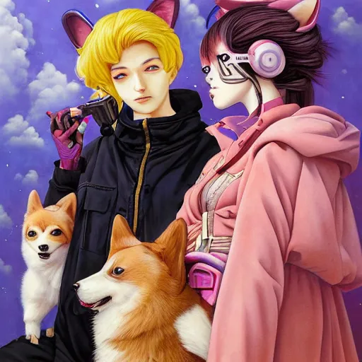 Prompt: beautiful portrait painting of a beautiful attractive anime lofi cyberpunk corgi and her princess assassin king being happy, by Afarin Sajedi, Alessandro Barbucci, Alex Gross, Shin Jeongho, Shohei Otomo. trending on Artstation, 8k, masterpiece, face enhance, graffiti paint, fine detail, full of color, intricate detail, golden ratio illustration. @zio