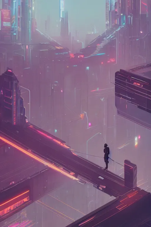 Image similar to a man standing on top of a bridge over a city, cyberpunk art by james gilleard, cgsociety, retrofuturism, synthwave, cityscape, 2 d game art