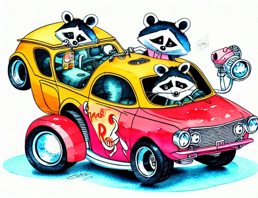 Image similar to cute and funny, racoon riding in a tiny hot rod coupe with oversized engine, ratfink style by ed roth, centered award winning watercolor pen illustration, isometric illustration by chihiro iwasaki, edited by range murata