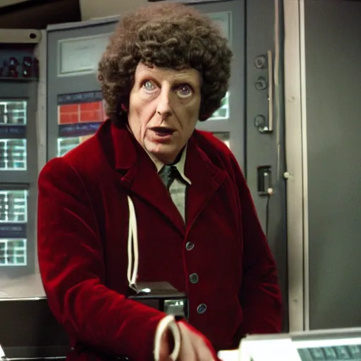 Image similar to Tom Baker as as the Doctor in his burgundy costume in the Tardis secondary control room