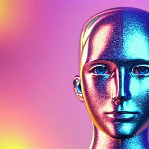 Image similar to 3d render of holographic human robotic head made of glossy iridescent, surrealistic 3d illustration of a human face non-binary, non binary model, 3d model human, cryengine, made of holographic texture, holographic material, holographic rainbow, concept of cyborg and artificial intelligence