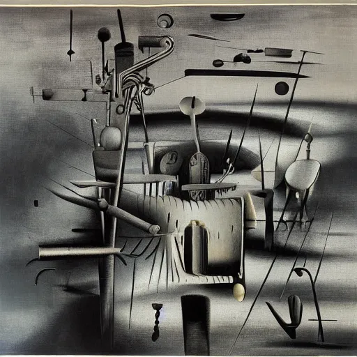 Prompt: painting of a machine by yves tanguy