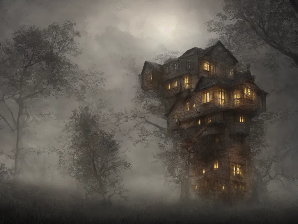 Image similar to house on the hounted hill, horror, creepy, surreal, dreamscape, high quality, ultradetailed, sharp, artstation, 4 k, volumetric fog