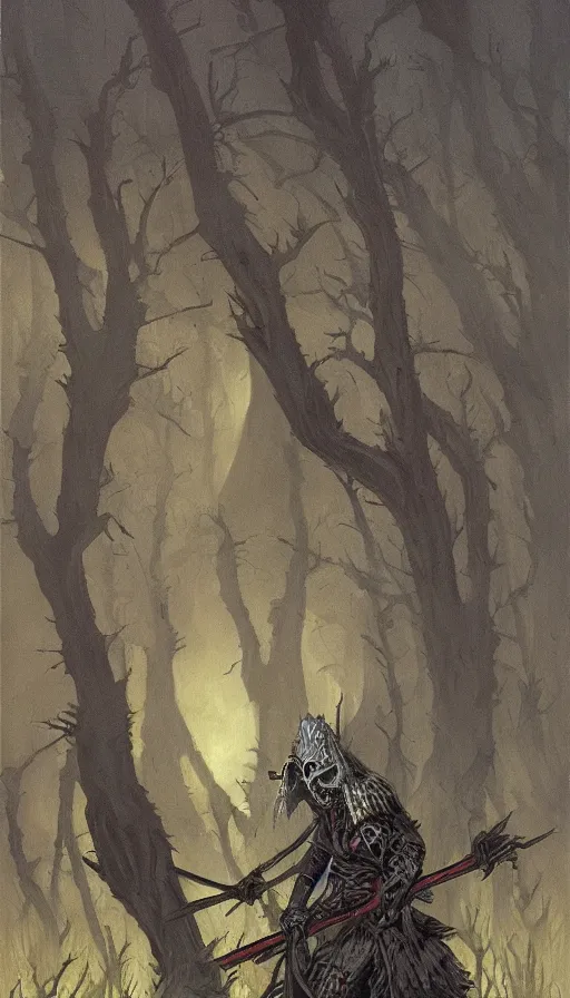 Prompt: painting of undead wight warrior, forest and cabin, muted colors, night scene, by brom