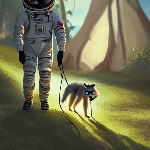 Prompt: an astronaut walking a racoon on a leash in a suburban neighbourhood, artstation, 4 k, epic composition, in the style of