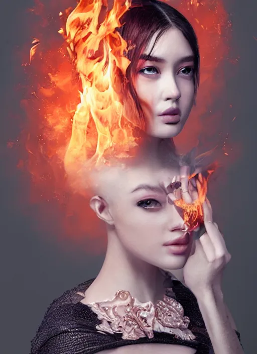 Image similar to fashion portrait with fire, female, 3d, future, torch, flame, harper's bazaar, vogue, fashion magazine, intricate, concept art, close up, ornate, luxury, elite, elegant, trending on artstation, by ruan jia, by Kenneth Willardt, by ross tran, by WLOP, by Andrei Riabovitchev,