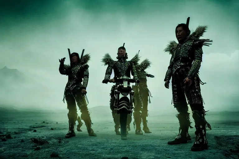 Image similar to vfx film closeup, futuristic mongolian biker warriors, sci - fi mongolian village, robot stand - off, flat color profile low - key lighting award winning photography arri alexa cinematography, hyper real photorealistic cinematic, atmospheric cool colorgrade