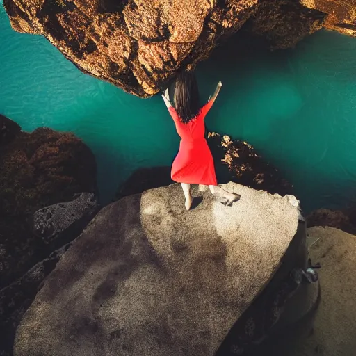 Image similar to woman stepping off a cliff onto a stepping stone in mid-air, photorealistic, 4k by Elsa Bleda