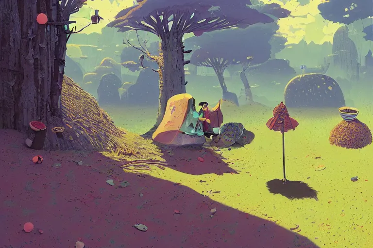 Image similar to a solo backpacker wondering in a beautiful surreal landscape, summer morning, very coherent and colorful high contrast, art by gediminas pranckevicius, geof darrow, and studio ghibli, dark shadows, hard lighting