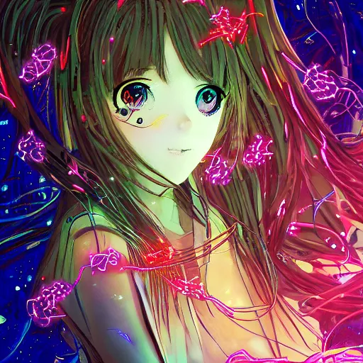 Image similar to anime girl electronic circuitry, with fireflies with a thick mane of bioluminescent vines and flowers by basqiuat, ralph steadman, street art, trending on artstation, dramatic lighting, octane render, weta digital, trending on deviant art, deepdream, ray trace