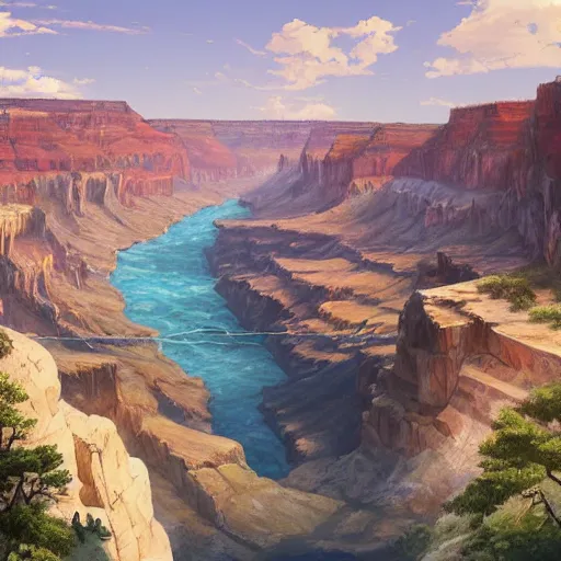 Prompt: concept art painting of a grand canyon filled with water, giant river, with stone bridge under construction realistic, detailed, cel shaded, in the style of makoto shinkai and greg rutkowski and james gurney