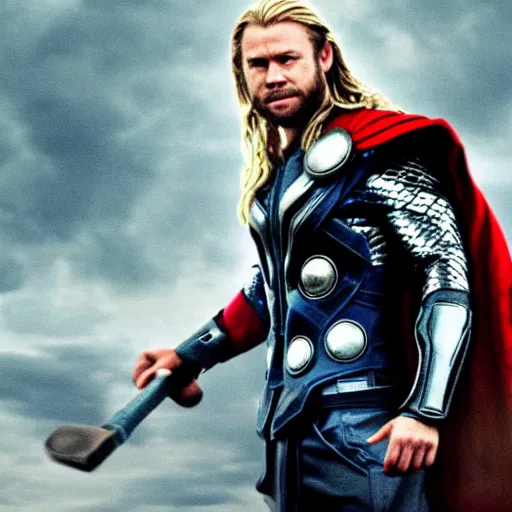 Prompt: thor with dog's head, holding a hammer, cinematic thunder background