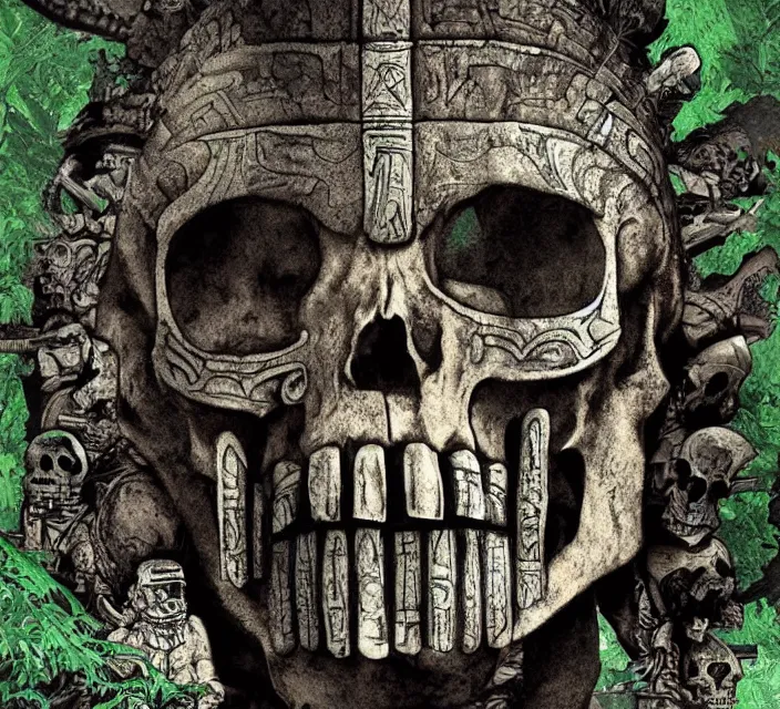 Image similar to mayan temple in form of punisher skull. background jungle