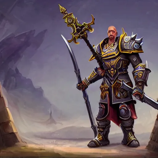 Prompt: a bald black paladin wielding a large hammer standing in front of a majestic castle, world of warcraft concept art