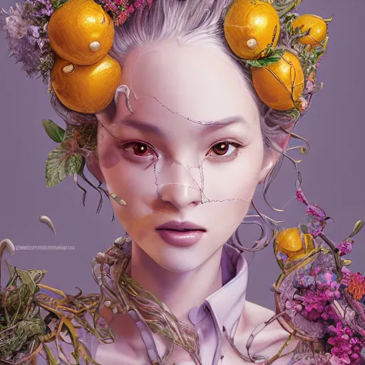 Image similar to the portrait of an absurdly beautiful, graceful, elegant, sophisticated, young idol made up of lemons, an ultrafine hyperdetailed illustration by kim jung gi, irakli nadar, intricate linework, bright colors, octopath traveler, final fantasy, unreal engine 5 highly rendered, global illumination, radiant light, detailed and intricate environment