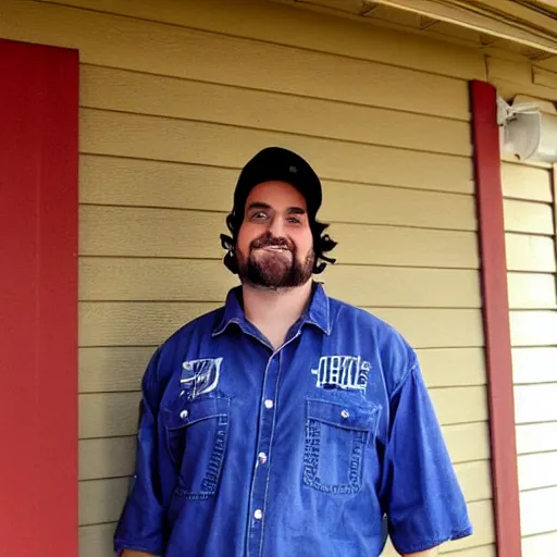 Prompt: anime ethank klein from h 3 h 3 dressed as an american redneck, standing in front of a mobile home in northern georgia, usa