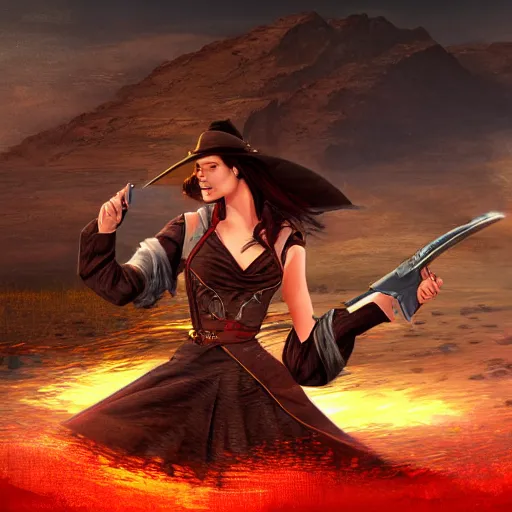 Prompt: Fantasy digital art for magic the gathering card, action shot of a wild west witch with a revolver firing out a red magical spell. Background has wild west scenery behind her at night.