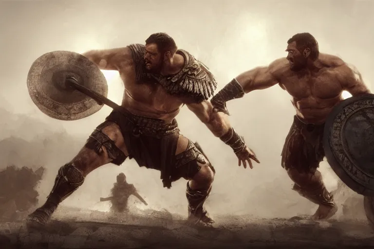 Image similar to Gladiator, muscular, cinematic lighting, dramatic atmosphere, by Craig Mullins, 4k resolution, trending on artstation