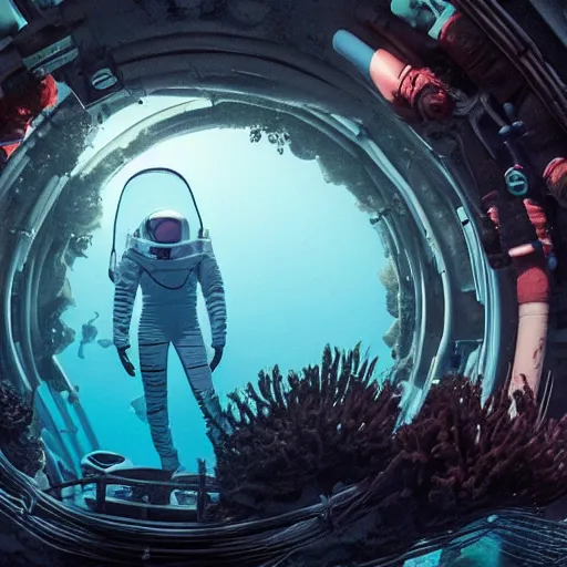 Prompt: In the underwater depths of an alien planet, a futuristic astronaut dives and explores this new strange world