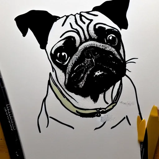 Prompt: simple cute pug pen and ink illustration
