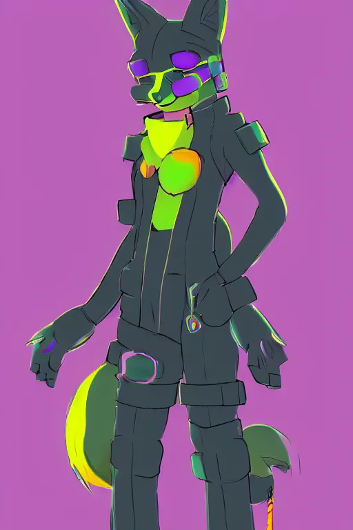 Image similar to a cute cyberpunk anthropomorphic fox with purple fur and yellow eyes and a fluffy tail, comic art, trending on furaffinity, cartoon, kawaii, backlighting, furry art!!!, cel shading, concept art, lineless