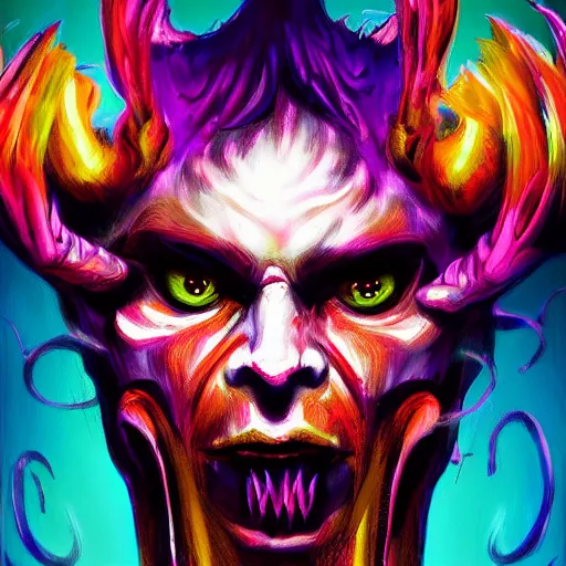 Image similar to self portrait of an ascended demon, colorful, sultry, artstation