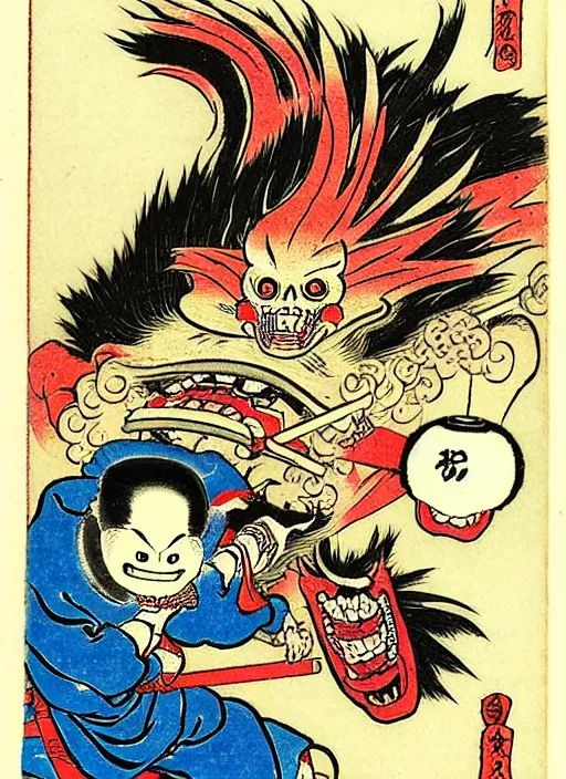 Image similar to ghost rider as a yokai illustrated by kawanabe kyosai and toriyama sekien